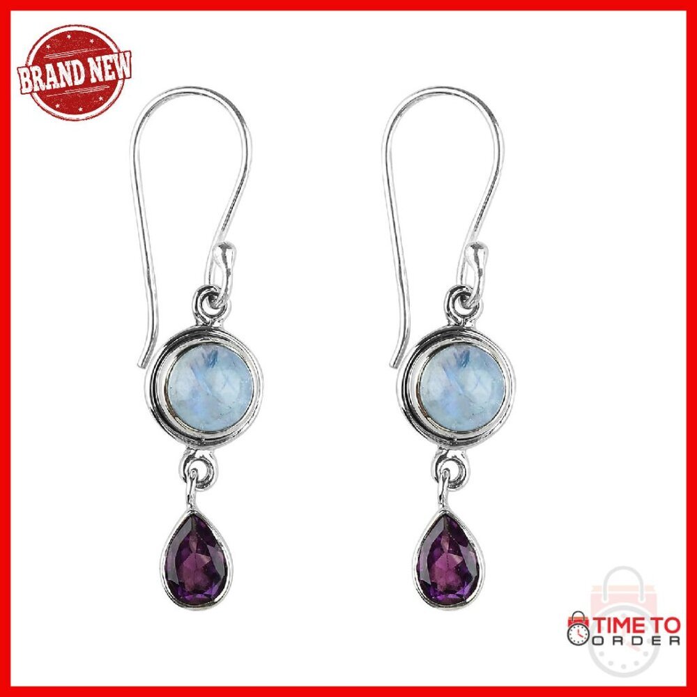 Sterling Silver Drop Earrings with Moonstone & Amethyst Gemstones